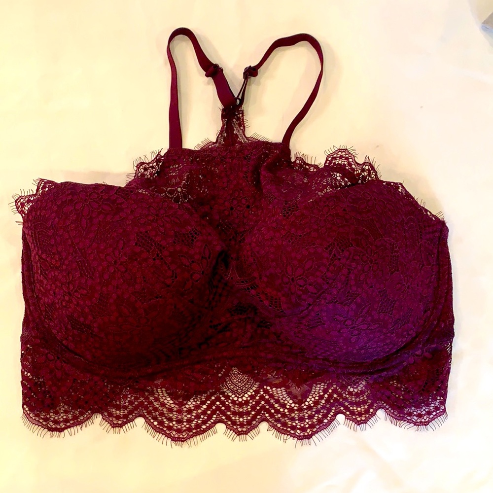 Pink Victoria Secret maroon purple lacy bralette under wire bra razor back DD